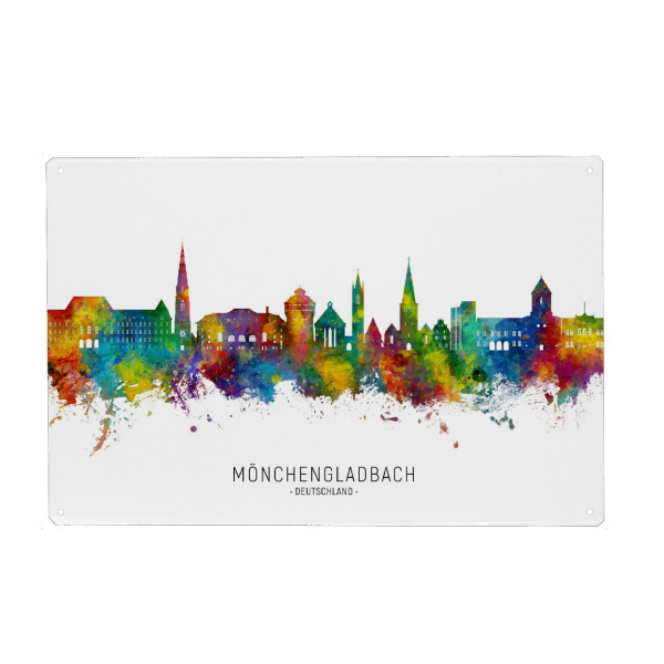 Holzbild "Mönchengladbach Skyline txt" artboxONE - Städte - Mönchengladbach,Stadtbild,Stadtbild,Aquarell,Malerei,Deutschland,Skyline