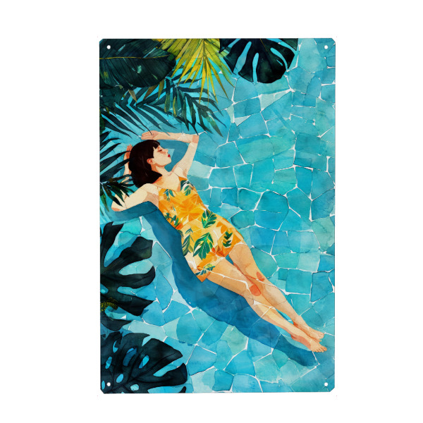 Metall Poster "Entspannen Sie sich am Pool" artboxONE - Natur,Menschen - Frau,Mädchen,Dame,Aquarell,Stillleben,Schwimmen - Blechschild