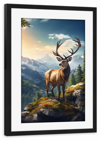 Poster mit Rahmen schwarz "Deer Mountains (matart)" artboxONE - Natur,Tiere - Hirsch,Hirsch,Tier,Geweih,Natur,Wild,Berge,Wald,Modern