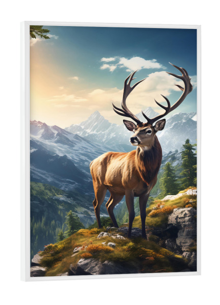 Poster mit weißem Rahmen "Deer Mountains (matart)" artboxONE - Natur,Tiere - Hirsch,Hirsch,Tier,Geweih,Natur,Wild,Berge,Wald,Modern
