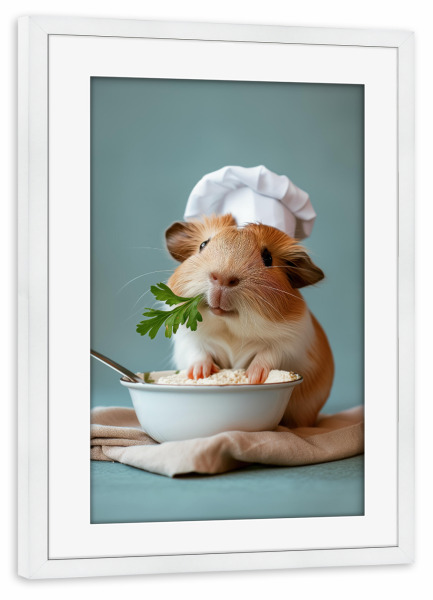 Poster mit Rahmen weiß "Hamsterkoch mit Schüssel" artboxONE - Tiere,Lustig