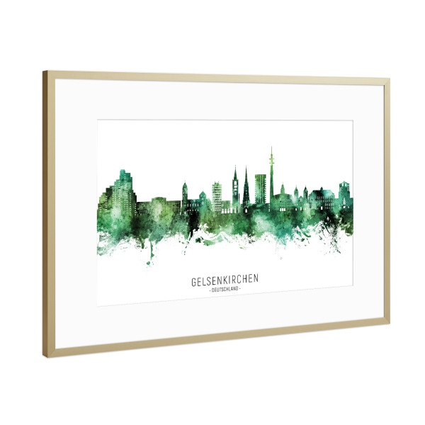 Poster mit Rahmen Gold "Gelsenkirchen Skyline Grüner Name" artboxONE - Städte