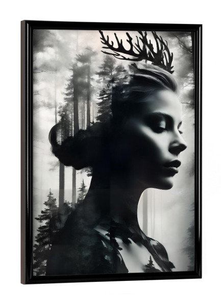 Poster mit schwarzem Rahmen "Waldgeist" artboxONE - Natur,Menschen - Schwarz,Weiß,Kunst,Natur,Wald,Frau,Schönheit,Porträt,Bw,Königin,Geist