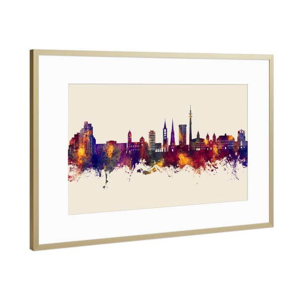 Poster mit Rahmen Gold "Gelsenkirchener Skyline Herbst" artboxONE - Städte - Gelsenkirchen,Deutschland,Skyline,Stadtbild,Stadtbild,Aquarell,Malerei