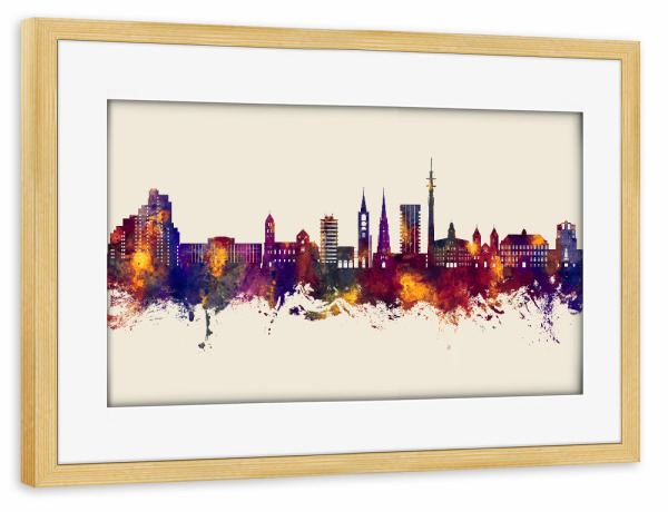 Poster mit Rahmen kiefer "Gelsenkirchener Skyline Herbst" artboxONE - Städte - Gelsenkirchen,Deutschland,Skyline,Stadtbild,Stadtbild,Aquarell,Malerei