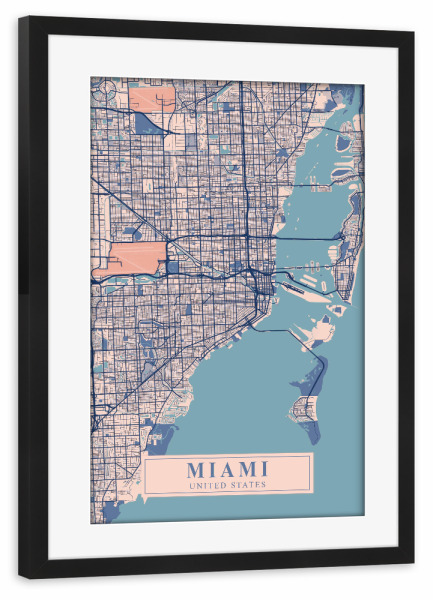 Poster mit Rahmen schwarz "Miami City Wandbild" artboxONE - Städte / Weitere,Kartografie