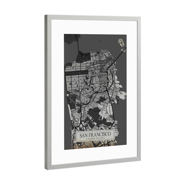 Poster mit Rahmen Silber "City Vintage San Francisco" artboxONE - Städte / San Francisco,Kartografie