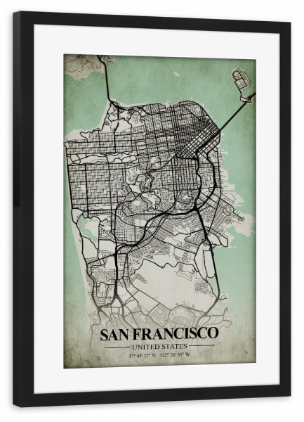 Poster mit Rahmen schwarz "San Francisco Vintage CityMap" artboxONE - Städte / San Francisco,Kartografie