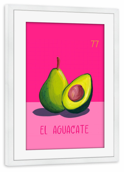 Poster mit Rahmen weiß "77 El Aguacate Die Avocado" artboxONE - Abstrakt - Avocado,Loteria mexicana,Tarot,Fett,Malerei,Obst,Grün,Rosa