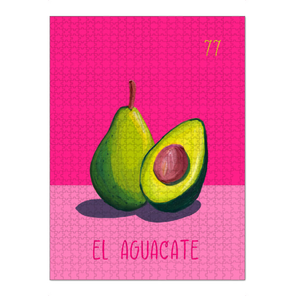 Puzzle Ravensburger "77 El Aguacate Die Avocado" artboxONE - Abstrakt - Avocado,Loteria mexicana,Tarot,Fett,Malerei,Obst,Grün,Rosa - Bild avocado