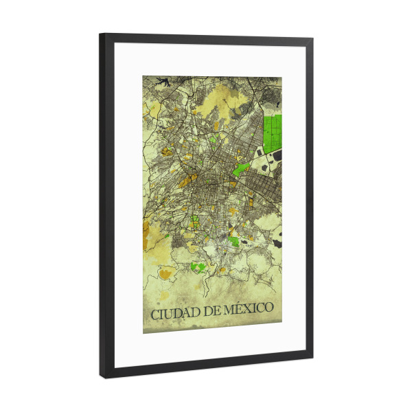 Poster mit Rahmen Schwarz (Metallic) "Mexiko City Vintage Map" artboxONE - Städte / Weitere,Kartografie