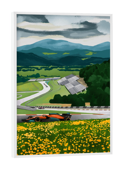 Poster mit weißem Rahmen "Rennstrecke Österreichs" artboxONE - Natur,Automobile,Für Papa - Autos,Rennstrecke,Rennen,österreich,Berge