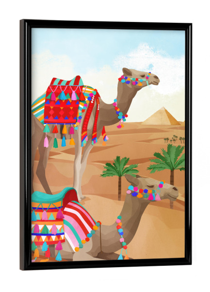 Poster mit schwarzem Rahmen "Wüstenabenteuer" artboxONE - Für Kinder,Tiere - Dromedar,Kamel,Wüste,Sand,ägypten,Pyramiden,Kinder
