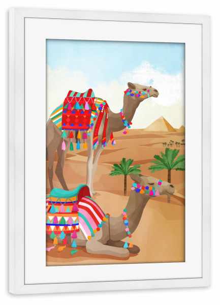 Poster mit Rahmen weiß "Wüstenabenteuer" artboxONE - Für Kinder,Tiere - Dromedar,Kamel,Wüste,Sand,ägypten,Pyramiden,Kinder