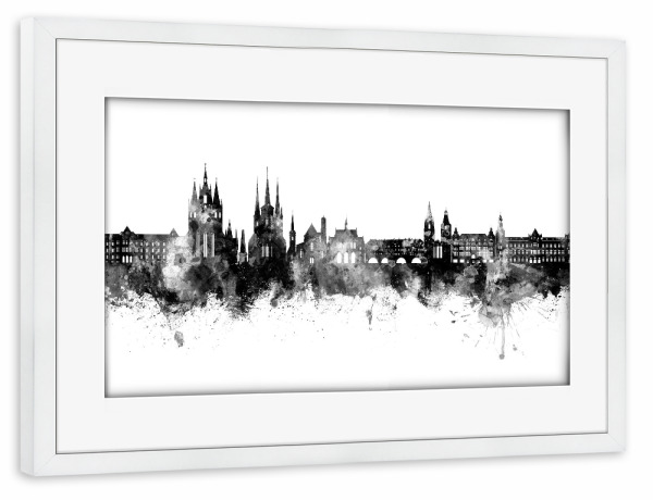 Poster mit Rahmen weiß "Erfurt Deutschland Skyline Schwarz" artboxONE - Städte - Erfurt,Deutschland,Skyline,Stadtbild,Aquarell,Malerei