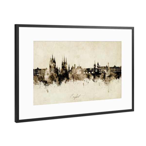 Poster mit Rahmen Schwarz (Metallic) "Erfurt Deutschland Skyline Sepia" artboxONE - Städte