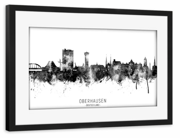Poster mit Rahmen schwarz "Oberhausen Skyline BW Text" artboxONE - Städte