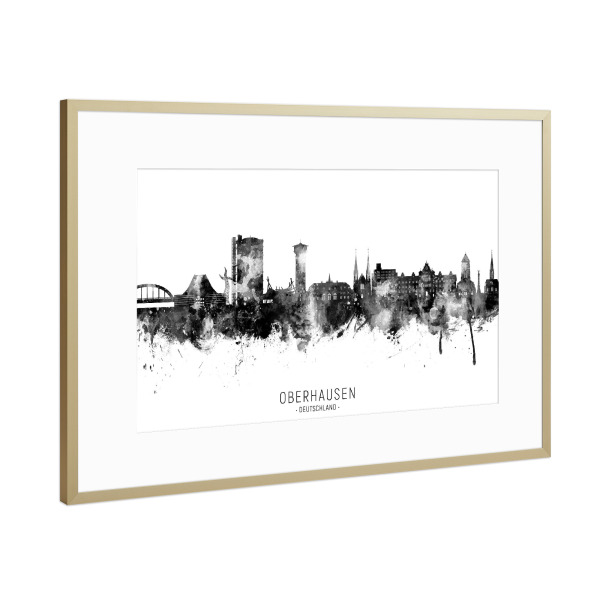 Poster mit Rahmen Gold "Oberhausen Skyline BW Text" artboxONE - Städte
