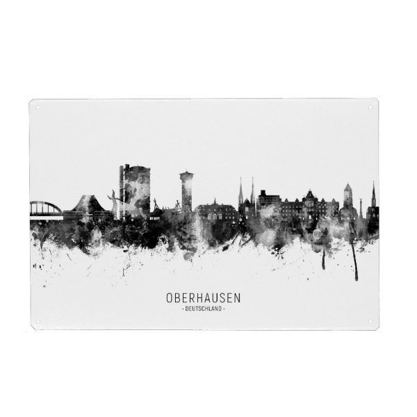Holzbild "Oberhausen Skyline BW Text" artboxONE - Städte - Oberhausen,Deutschland,Deutschland,Skyline,Stadtbild,Stadtbild,Aquarell,Malerei