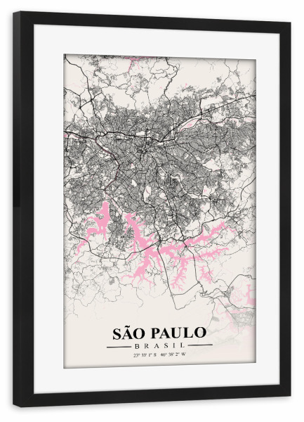 Poster mit Rahmen schwarz "City São Paulo Map" artboxONE - Städte / Weitere,Kartografie