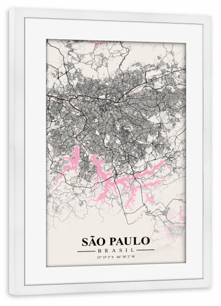 Poster mit Rahmen weiß "City São Paulo Map" artboxONE - Städte / Weitere,Kartografie