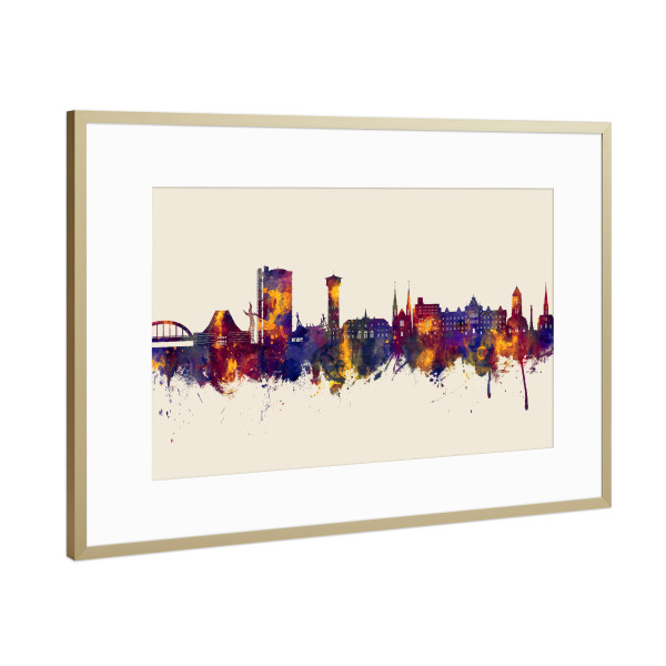 Poster mit Rahmen Gold "Oberhausen Skyline Herbst" artboxONE - Städte - Oberhausen,Deutschland,Skyline,Stadtbild,Stadtbild,Aquarell,Malerei
