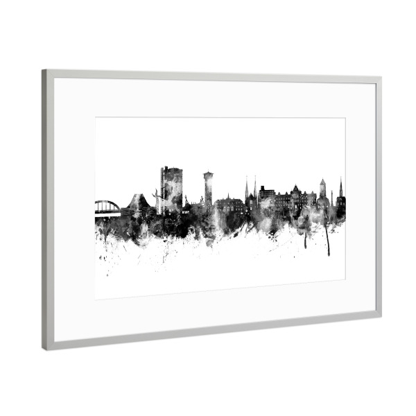Poster mit Rahmen Silber "Oberhausen Skyline Schwarz" artboxONE - Städte,Schwarzweiß - Oberhausen,Deutschland,Skyline,Stadtbild,Aquarell,Malerei