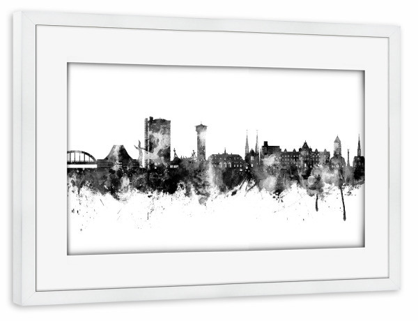 Poster mit Rahmen weiß "Oberhausen Skyline Schwarz" artboxONE - Städte,Schwarzweiß - Oberhausen,Deutschland,Skyline,Stadtbild,Aquarell,Malerei