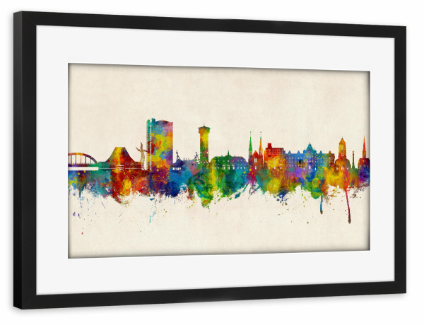Poster mit Rahmen schwarz "Oberhausen Skyline Urban" artboxONE - Städte - Oberhausen,Deutschland,Skyline,Stadtbild,Aquarell,Malerei