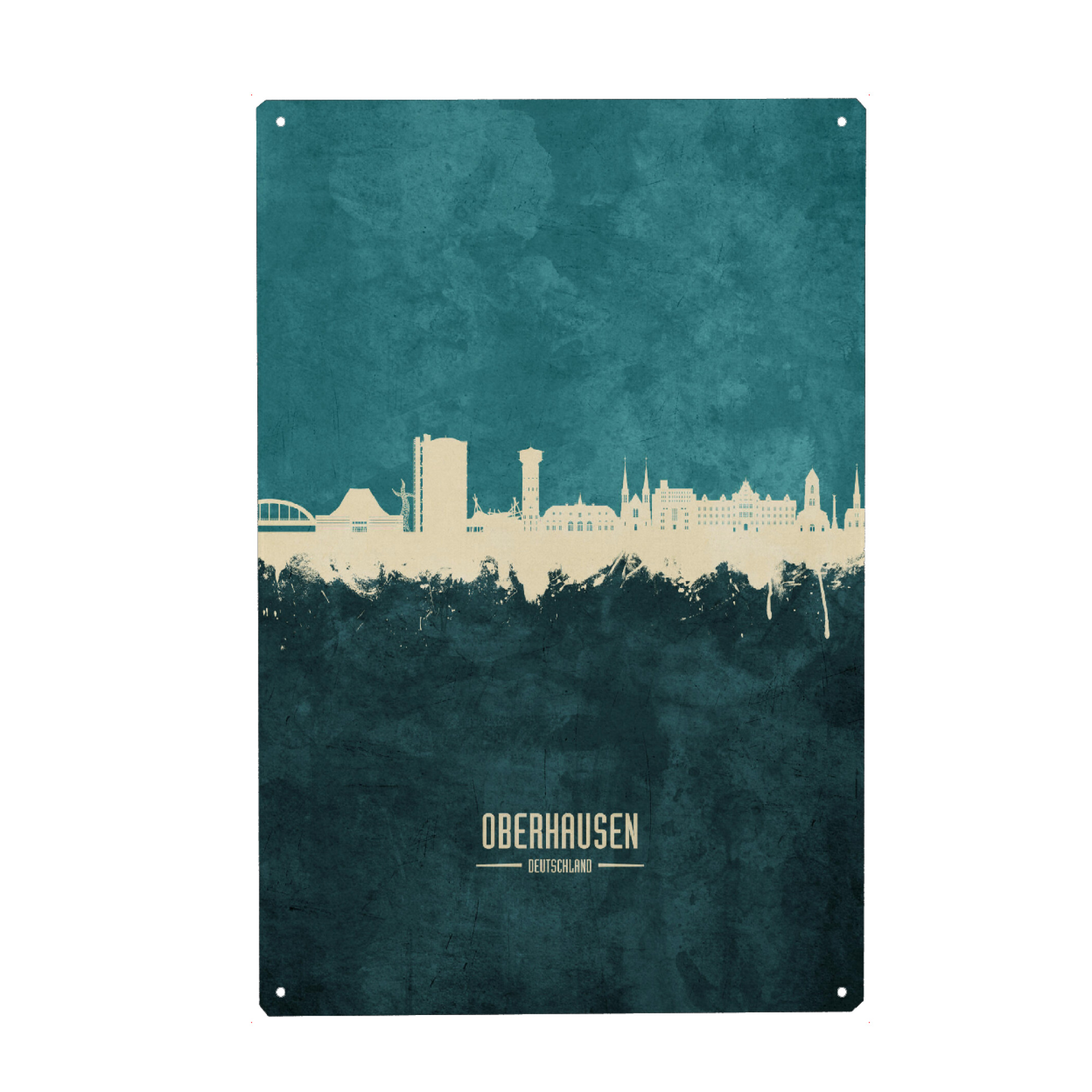 Metall Poster "Oberhausen Skyline Türkis" artboxONE - Städte - Oberhausen,Deutschland,Skyline,Stadtbild,Stadtbild,Aquarell,Malerei - Blechschild