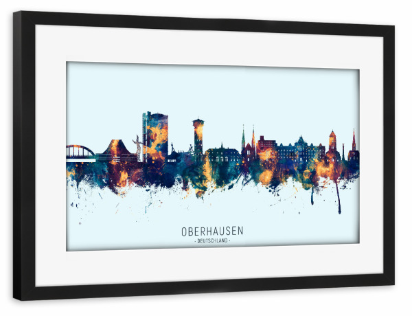 Poster mit Rahmen schwarz "Oberhausen Skyline BlauOrange" artboxONE - Städte - Oberhausen,Deutschland,Skyline,Stadtbild,Stadtbild,Aquarell,Malerei