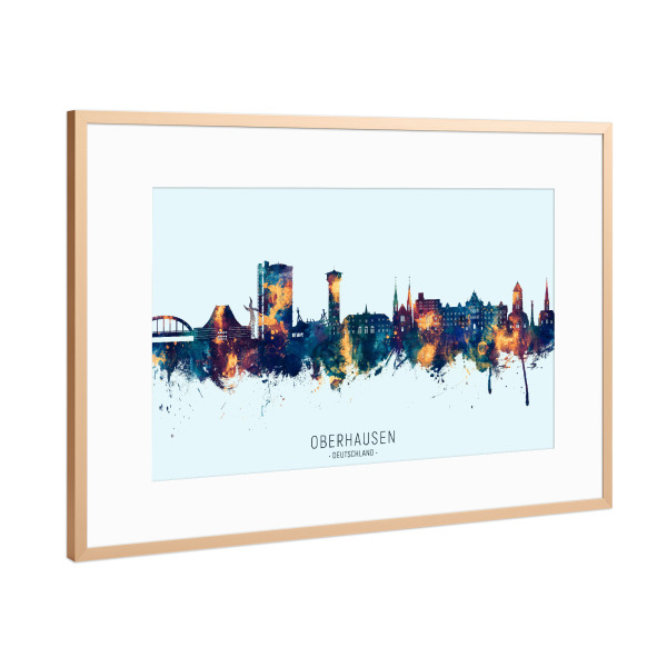 Poster mit Rahmen Kupfer "Oberhausen Skyline BlauOrange" artboxONE - Städte - Oberhausen,Deutschland,Skyline,Stadtbild,Stadtbild,Aquarell,Malerei