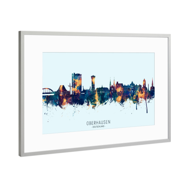 Poster mit Rahmen Silber "Oberhausen Skyline BlauOrange" artboxONE - Städte - Oberhausen,Deutschland,Skyline,Stadtbild,Stadtbild,Aquarell,Malerei