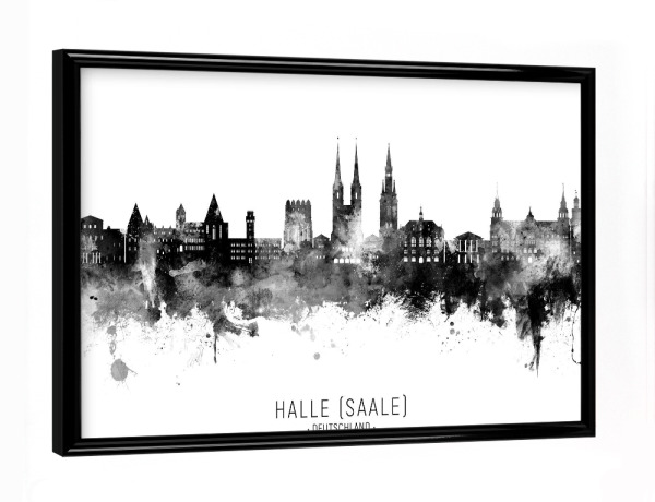 Poster mit schwarzem Rahmen "Halle (Saale) Skyline BW Text" artboxONE - Städte,Schwarzweiß