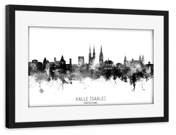 Poster mit Rahmen schwarz "Halle (Saale) Skyline BW Text" artboxONE - Städte,Schwarzweiß