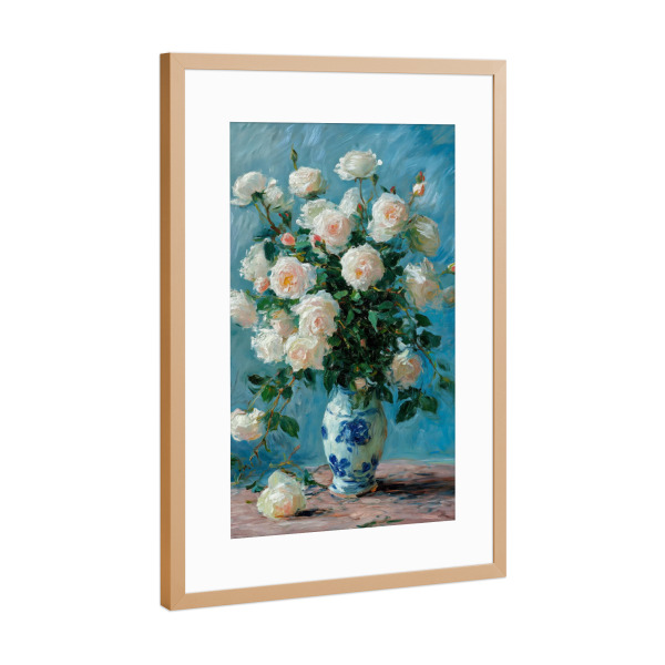 Poster mit Rahmen Kupfer "Weiße Rosen aus Porzellan" artboxONE - Natur,Floral - Weiße rose,Malerei,Impressionismus