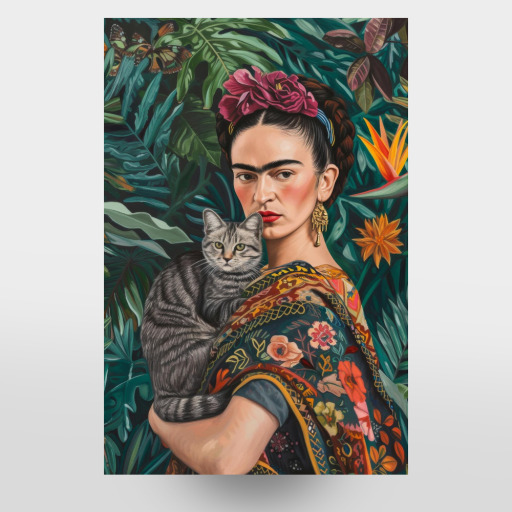 Freda Kahlo with Gray Cat