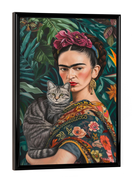 Poster mit schwarzem Rahmen "Frida Kahlo mit grauer Katze" artboxONE - Natur,Tiere,Menschen - Frida kahlo,Katze,Tropisch,Pflanzen