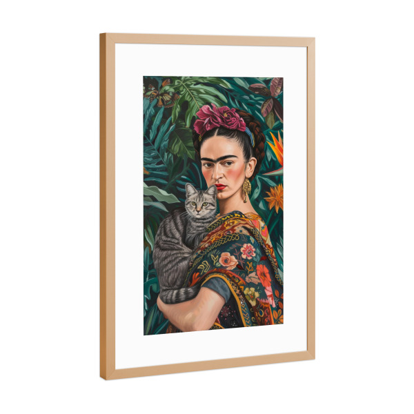 Poster mit Rahmen Kupfer "Frida Kahlo mit grauer Katze" artboxONE - Natur,Tiere,Menschen - Frida kahlo,Katze,Tropisch,Pflanzen
