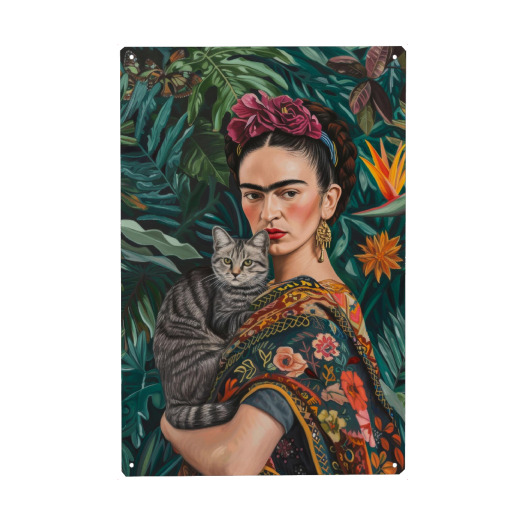 Frida Kahlo mit grauer Katze