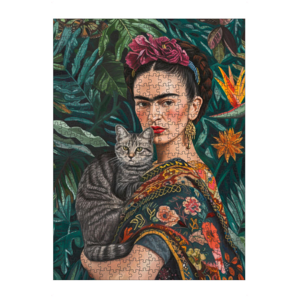Puzzle Ravensburger "Frida Kahlo mit grauer Katze" artboxONE - Natur,Tiere,Menschen - Frida kahlo,Katze,Tropisch,Pflanzen - Bild frida kahlo