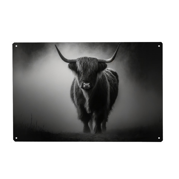 Metall Poster "Scottish highlander" artboxONE - Tiere,Schwarzweiß - Schottland,Horn,Tier,Highlands,Hausrind,Nutztier,Fell,Rasse - Blechschild
