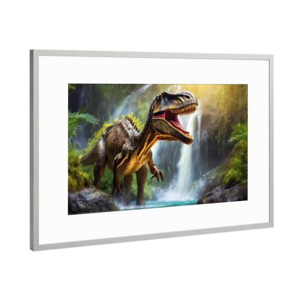 Poster mit Rahmen Silber "Dinosaurier im Wasserfall" artboxONE - Für Kinder