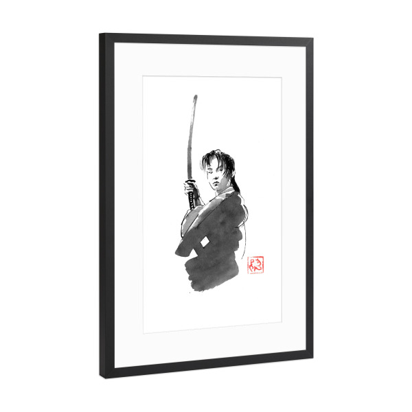 Poster mit Rahmen Schwarz (Metallic) "Junger Samurai" artboxONE - Schwarzweiß,Reise / Asien - Samurai,Sumie,Japan,Schwert,Kimono