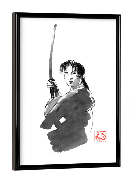 Poster mit schwarzem Rahmen "Junger Samurai" artboxONE - Schwarzweiß,Reise / Asien - Samurai,Sumie,Japan,Schwert,Kimono