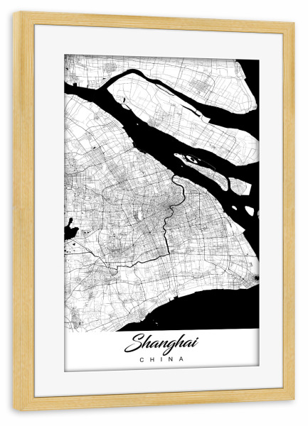 Poster mit Rahmen kiefer "Shanghai City Map" artboxONE - Schwarzweiß,Städte / Shanghai,Kartografie