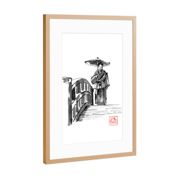 Poster mit Rahmen Kupfer "Samurai auf der Brücke" artboxONE - Schwarzweiß,Reise / Asien - Samurai,Sumie,Japan,Brücke,Edo,Regenschirm