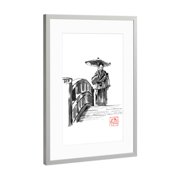 Poster mit Rahmen Silber "Samurai auf der Brücke" artboxONE - Schwarzweiß,Reise / Asien - Samurai,Sumie,Japan,Brücke,Edo,Regenschirm