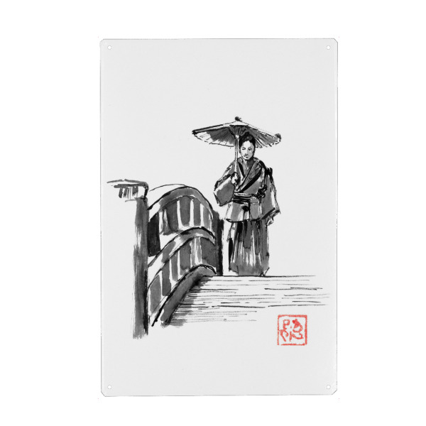 Holzbild "Samurai auf der Brücke" artboxONE - Schwarzweiß,Reise / Asien - Samurai,Sumie,Japan,Brücke,Edo,Regenschirm