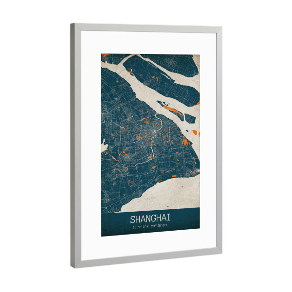Poster mit Rahmen Silber "Shanghai als Vintage Stadtplan" artboxONE - Städte / Shanghai,Kartografie